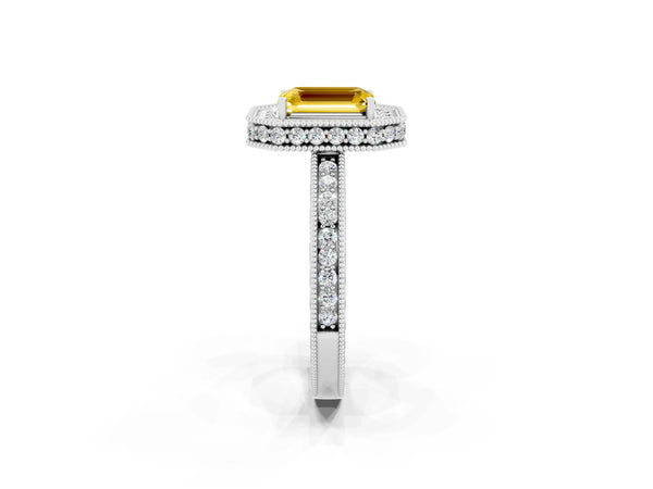 Silver Emerald Cut Halo Diamond Engagement Ring with Milgrain Pave Band and Four-Prong Setting