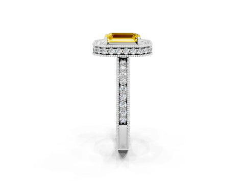 White gold Emerald Cut Halo Diamond Engagement Ring with Milgrain Pave Band and Four-Prong Setting_2