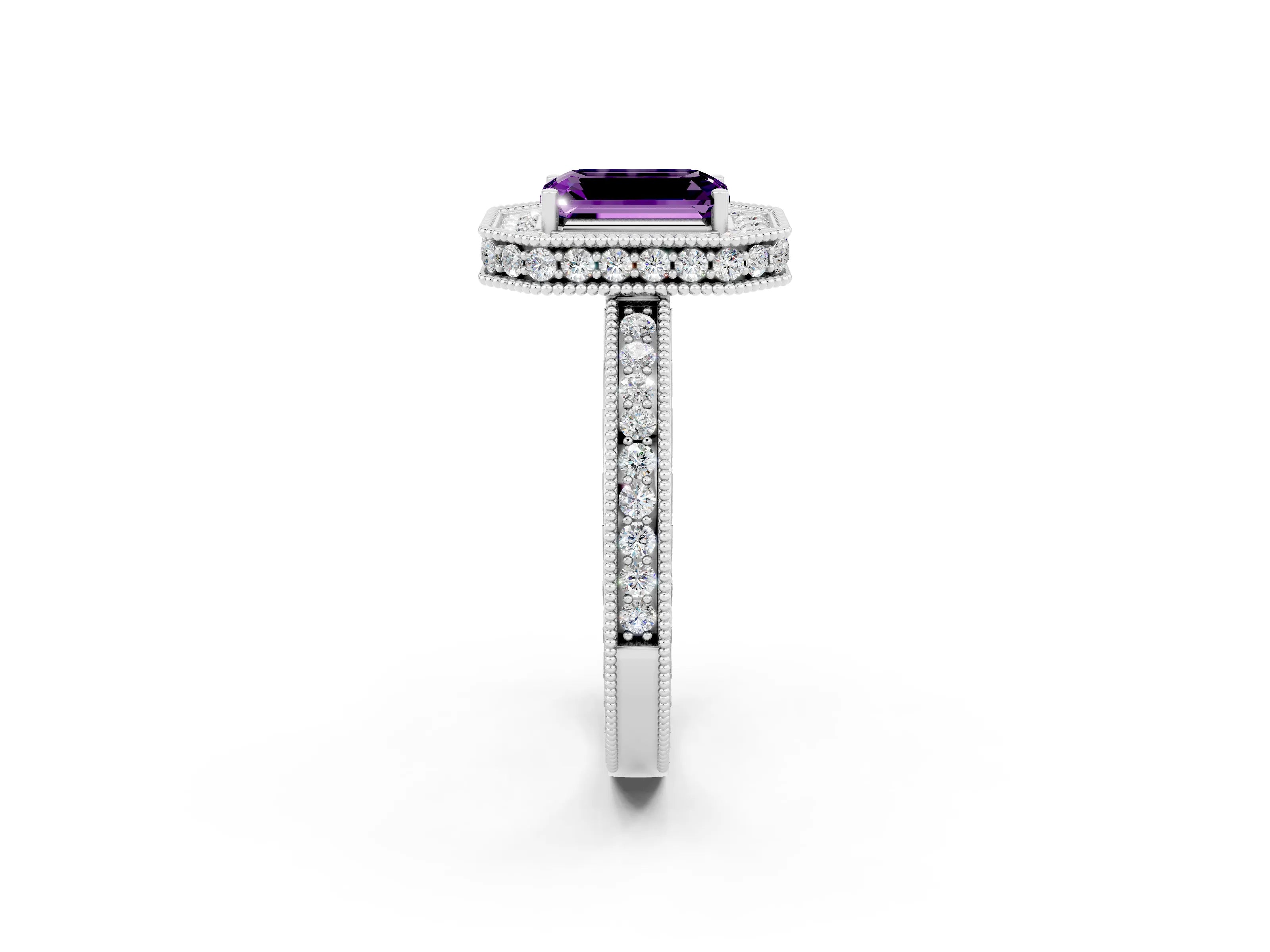 White gold Emerald Cut Halo Diamond Engagement Ring with Milgrain Pave Band and Four-Prong Setting_2