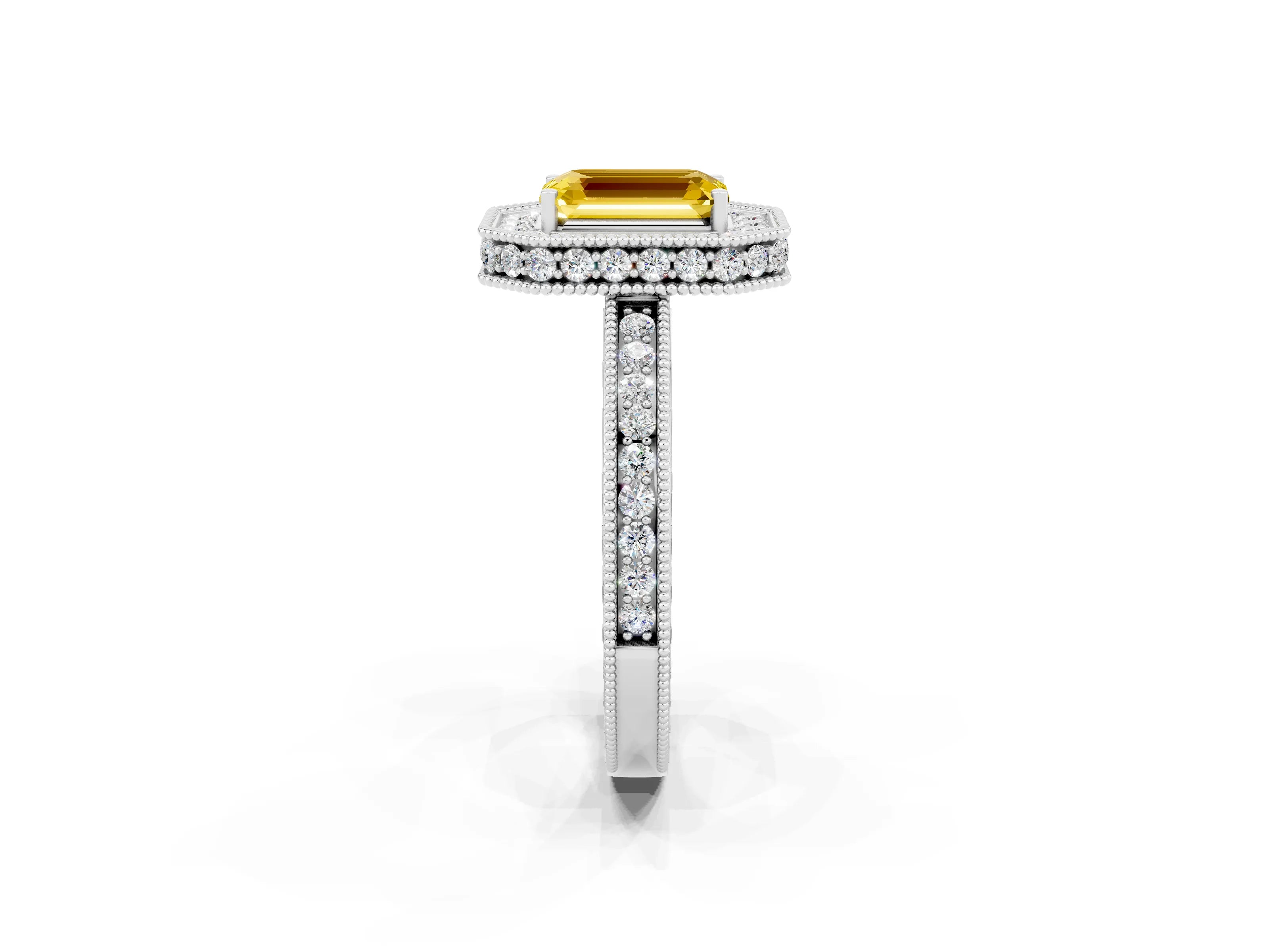 White gold Emerald Cut Halo Diamond Engagement Ring with Milgrain Pave Band and Four-Prong Setting_2