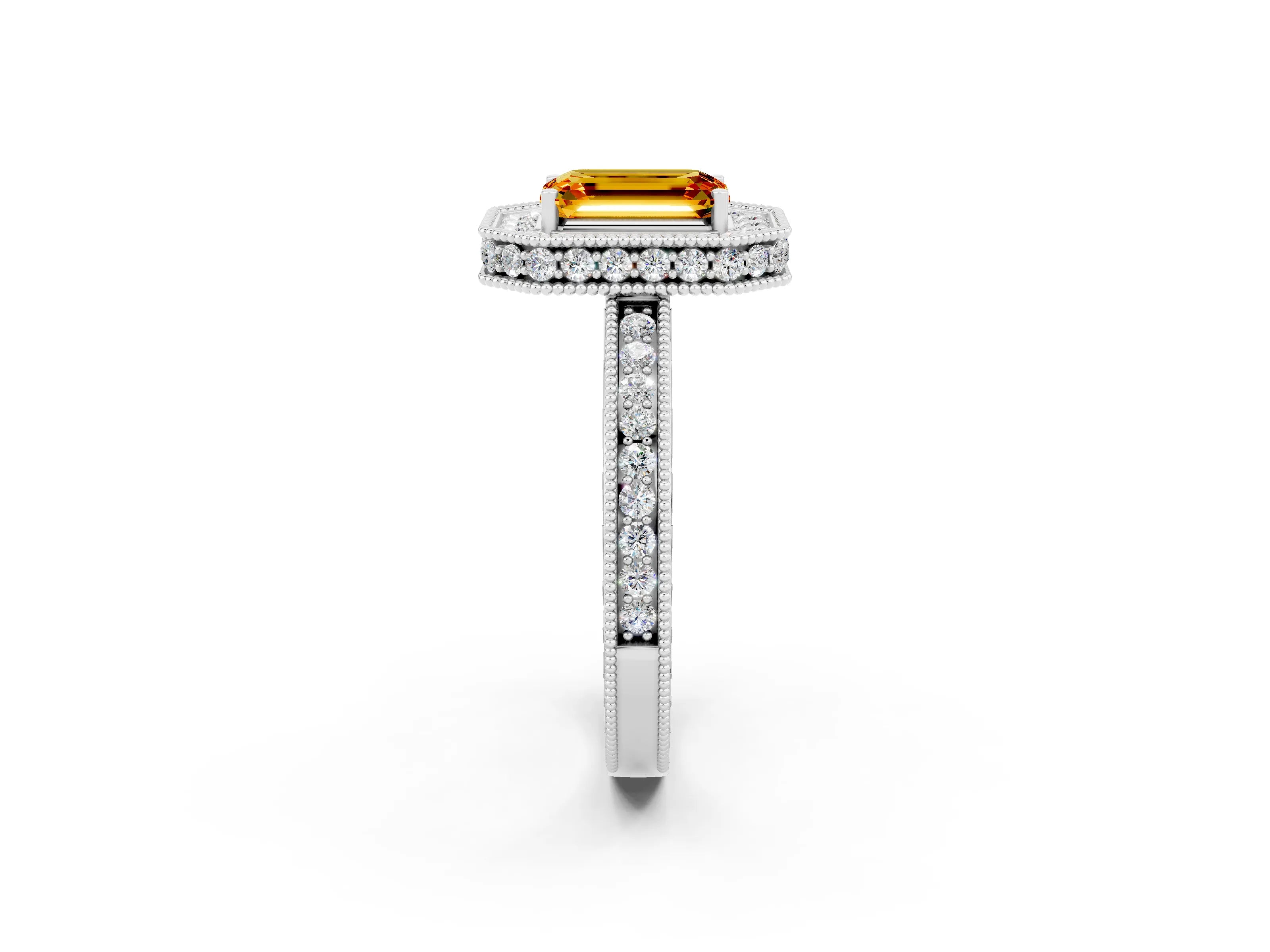 White gold Emerald Cut Halo Diamond Engagement Ring with Milgrain Pave Band and Four-Prong Setting_2