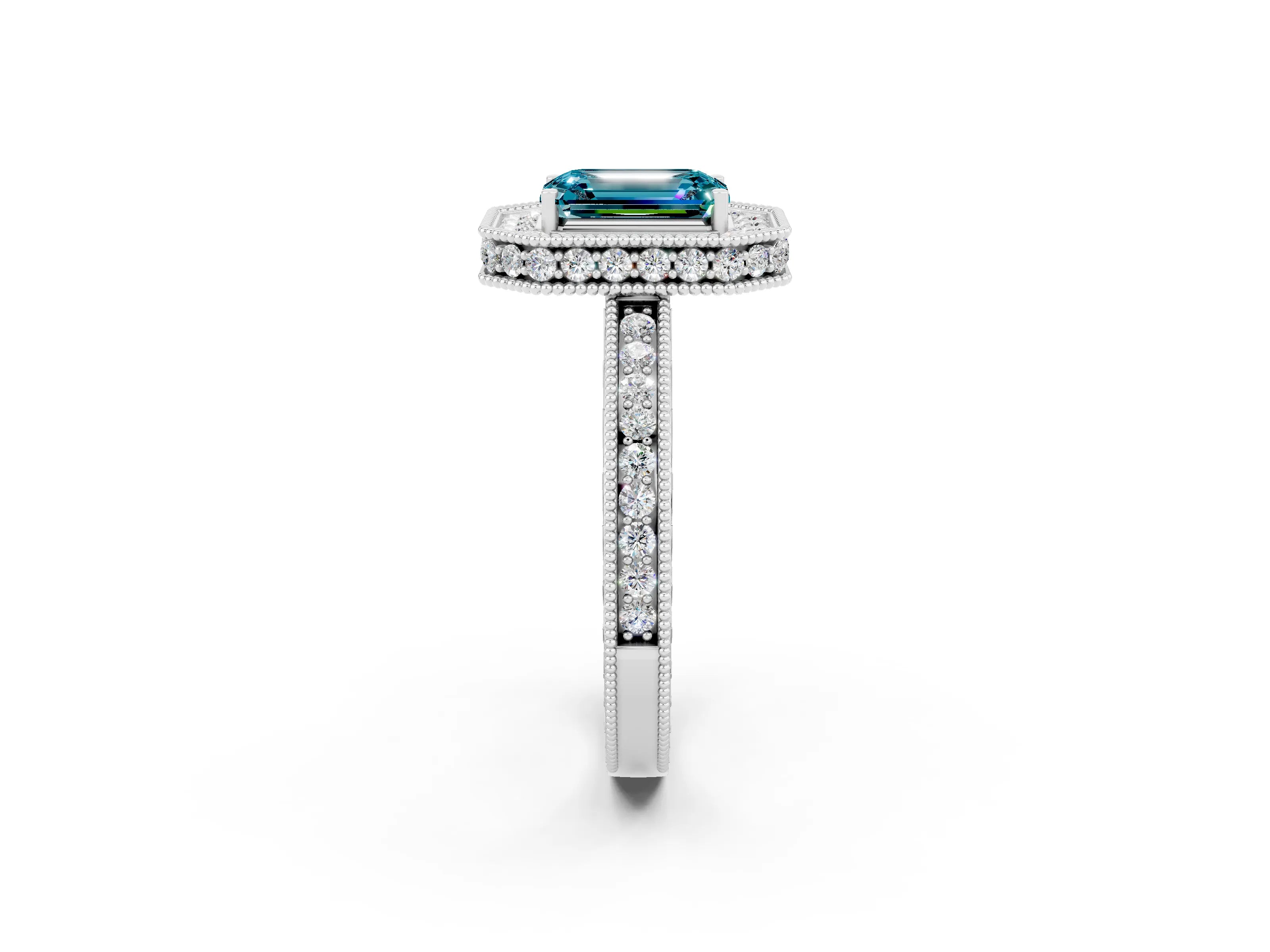 White gold Emerald Cut Halo Diamond Engagement Ring with Milgrain Pave Band and Four-Prong Setting_2