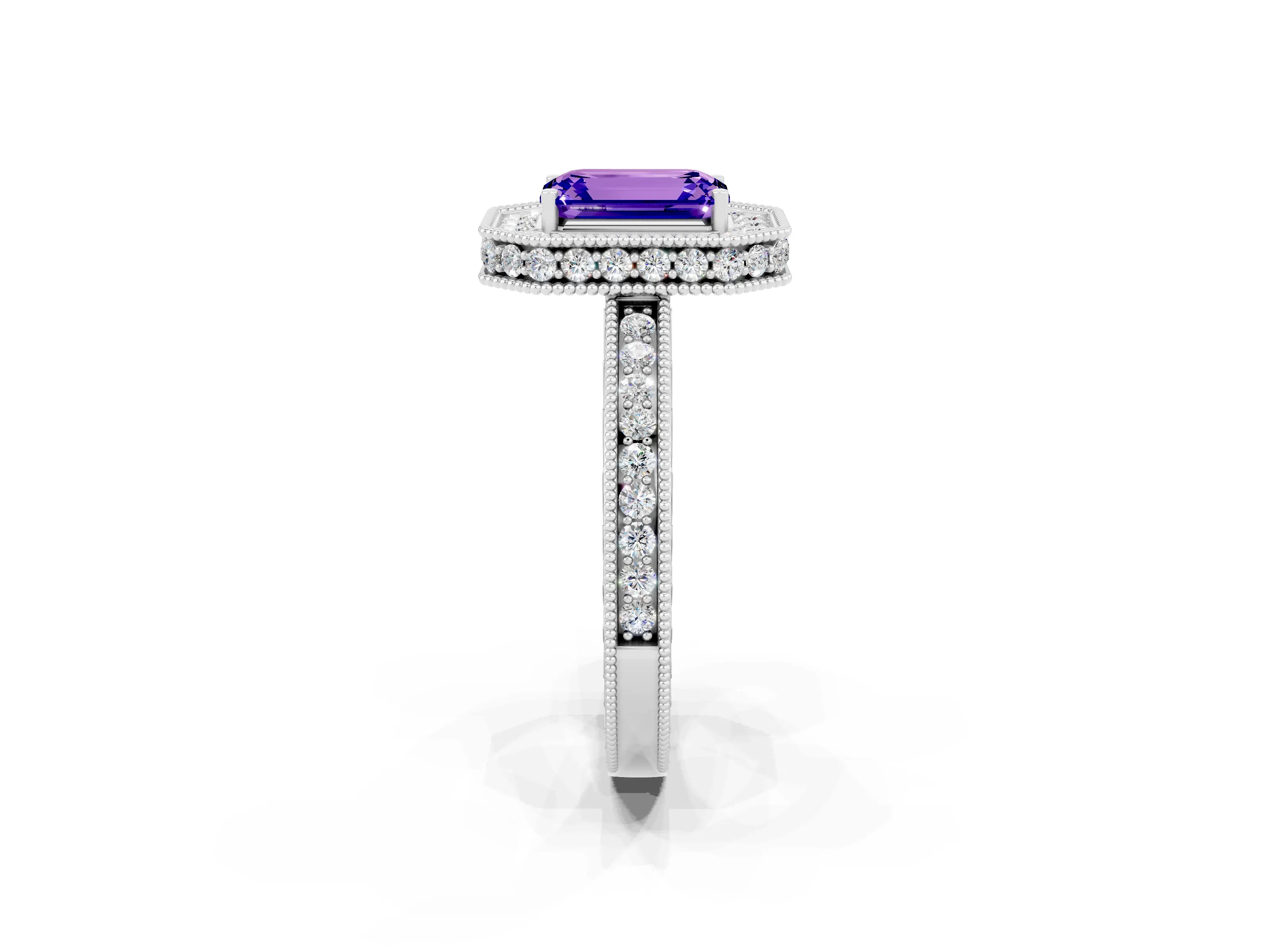 White gold Emerald Cut Halo Diamond Engagement Ring with Milgrain Pave Band and Four-Prong Setting_2