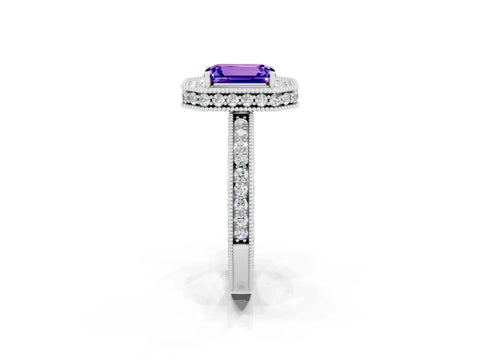 White gold Emerald Cut Halo Diamond Engagement Ring with Milgrain Pave Band and Four-Prong Setting_2