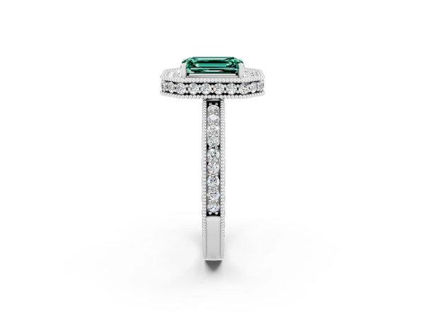 Silver Emerald Cut Halo Diamond Engagement Ring with Milgrain Pave Band and Four-Prong Setting