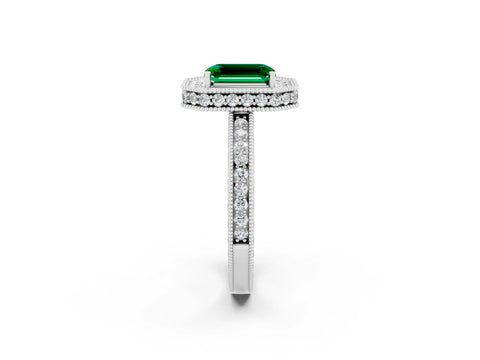 White gold Emerald Cut Halo Diamond Engagement Ring with Milgrain Pave Band and Four-Prong Setting_2