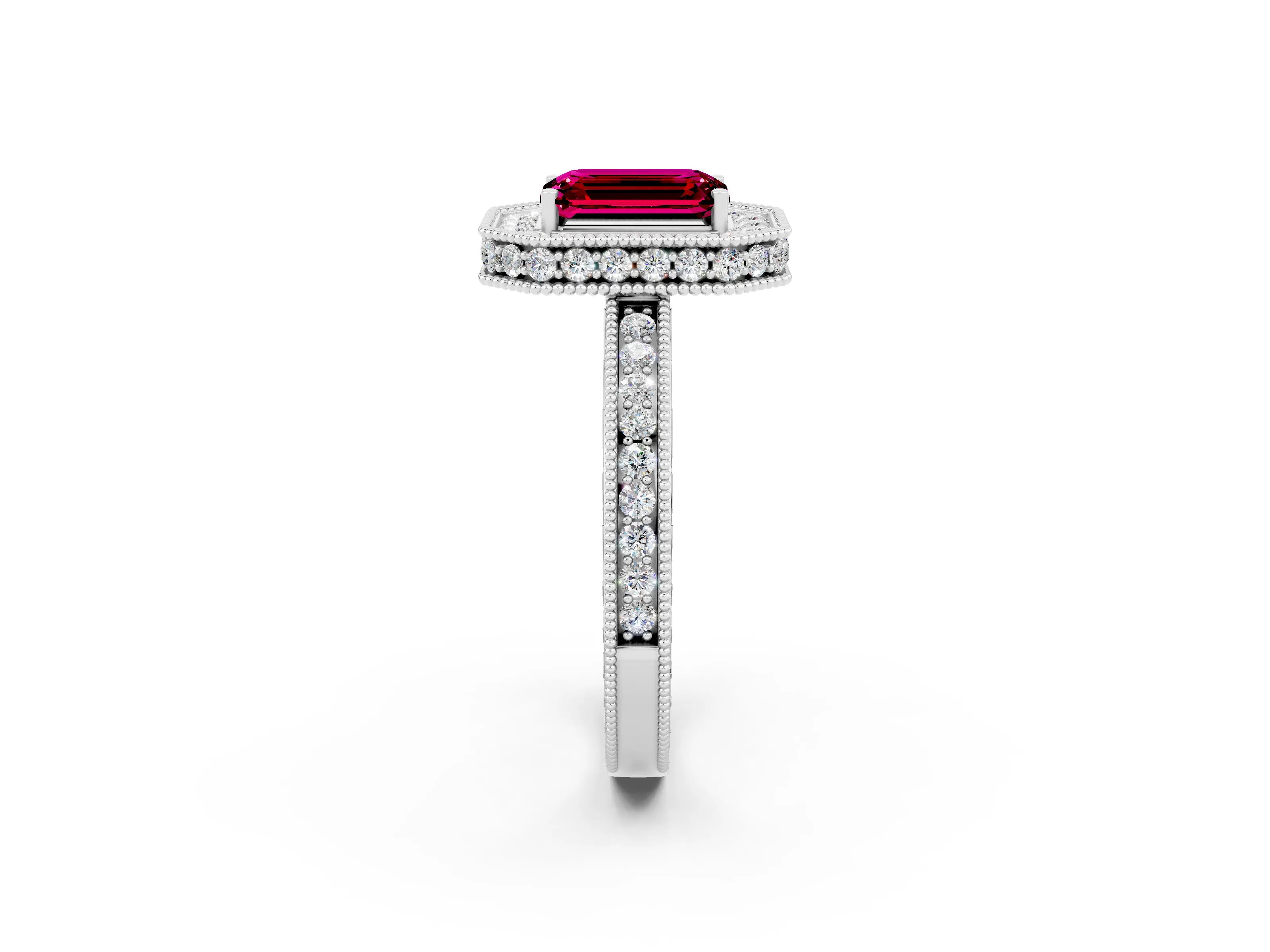 White gold Emerald Cut Halo Diamond Engagement Ring with Milgrain Pave Band and Four-Prong Setting_2