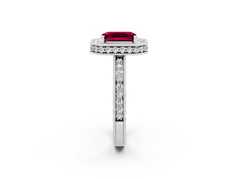 White gold Emerald Cut Halo Diamond Engagement Ring with Milgrain Pave Band and Four-Prong Setting_2