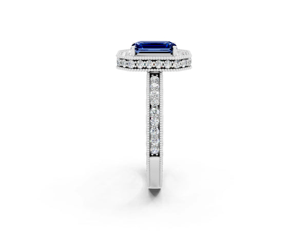 Silver Emerald Cut Halo Diamond Engagement Ring with Milgrain Pave Band and Four-Prong Setting