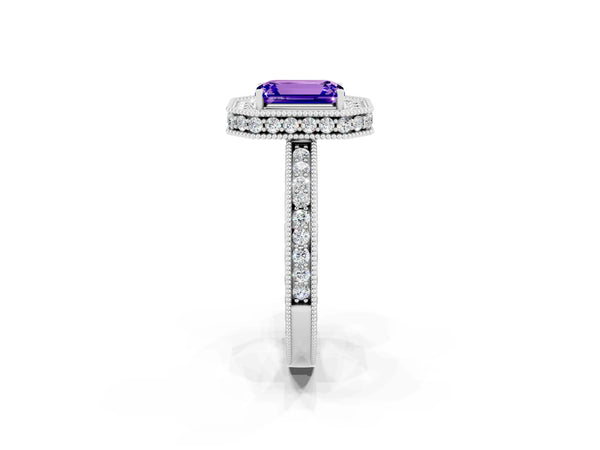 White gold Emerald Cut Halo Diamond Engagement Ring with Milgrain Pave Band and Four-Prong Setting