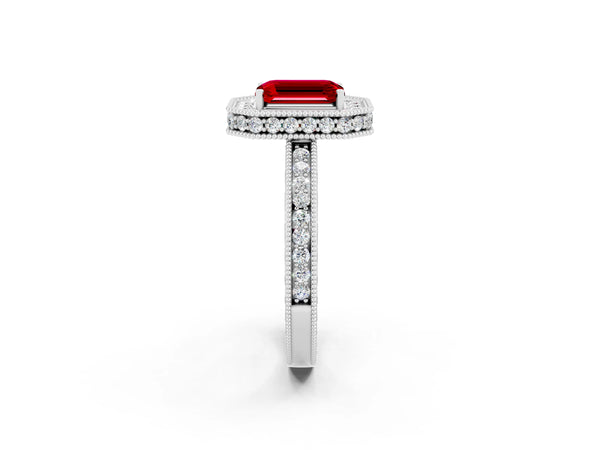 Platinum Emerald Cut Halo Diamond Engagement Ring with Milgrain Pave Band and Four-Prong Setting