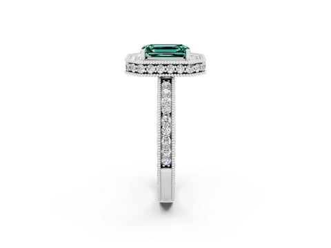 White gold Emerald Cut Halo Diamond Engagement Ring with Milgrain Pave Band and Four-Prong Setting_2