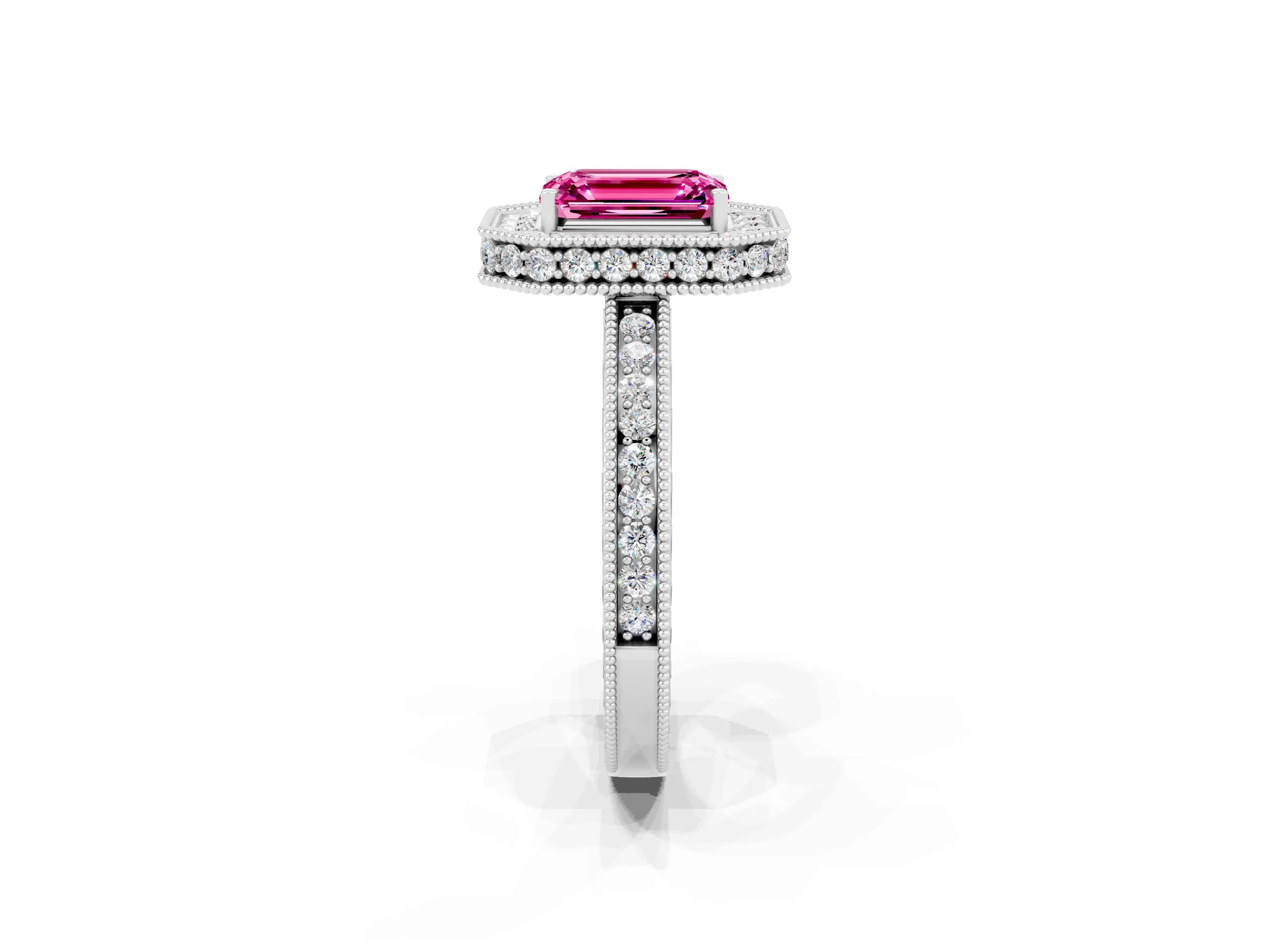 White gold Emerald Cut Halo Diamond Engagement Ring with Milgrain Pave Band and Four-Prong Setting_2