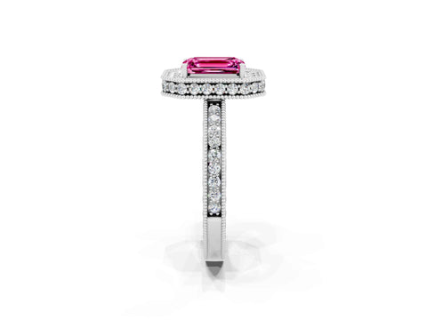 White gold Emerald Cut Halo Diamond Engagement Ring with Milgrain Pave Band and Four-Prong Setting_2