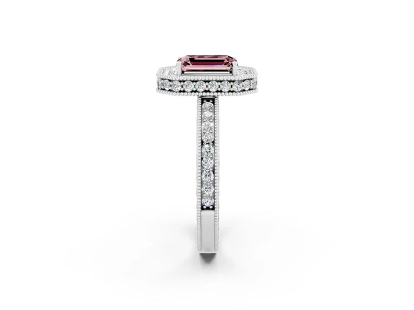 White gold Emerald Cut Halo Diamond Engagement Ring with Milgrain Pave Band and Four-Prong Setting