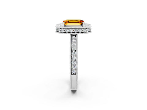 White gold Emerald Cut Halo Diamond Engagement Ring with Milgrain Pave Band and Four-Prong Setting_2