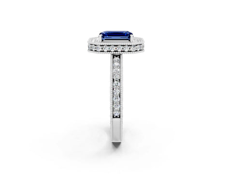 White gold Emerald Cut Halo Diamond Engagement Ring with Milgrain Pave Band and Four-Prong Setting_2