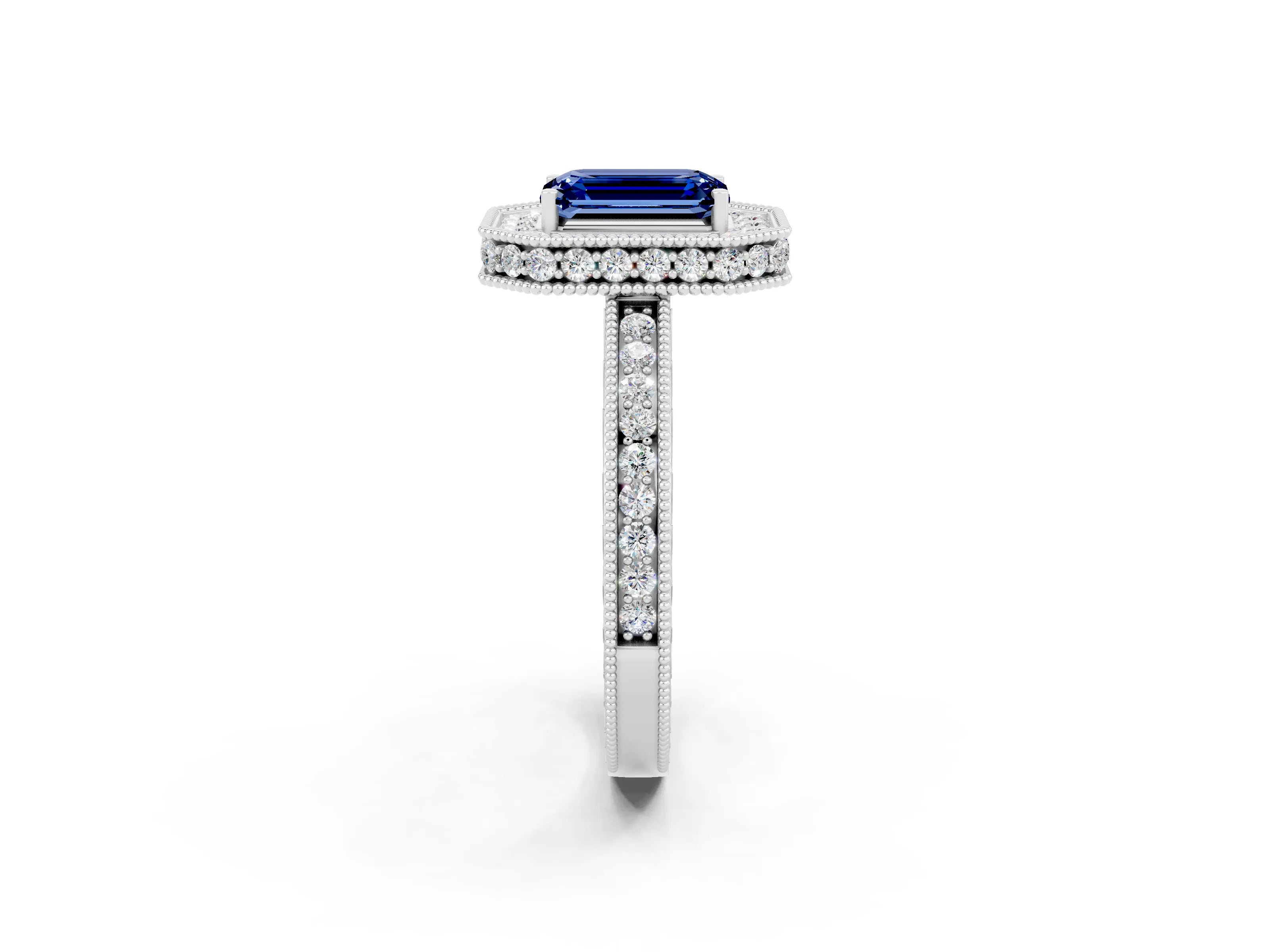 White gold Emerald Cut Halo Diamond Engagement Ring with Milgrain Pave Band and Four-Prong Setting_2