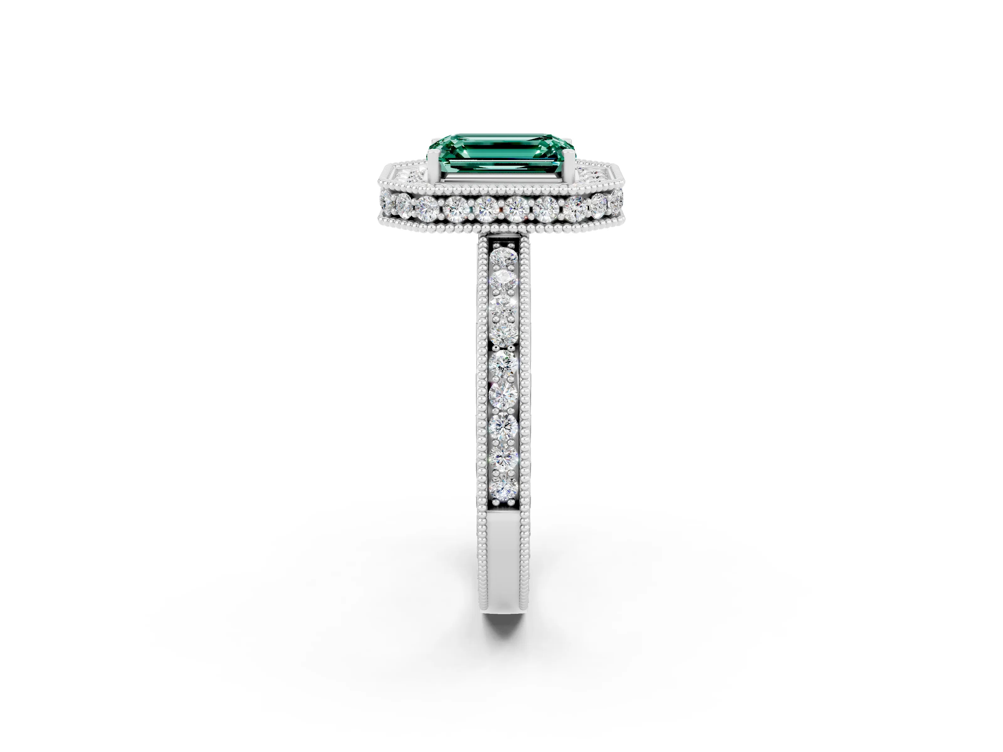 White gold Emerald Cut Halo Diamond Engagement Ring with Milgrain Pave Band and Four-Prong Setting_2