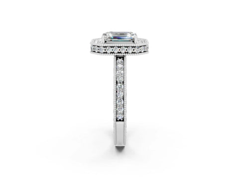 White gold Emerald Cut Halo Diamond Engagement Ring with Milgrain Pave Band and Four-Prong Setting_2