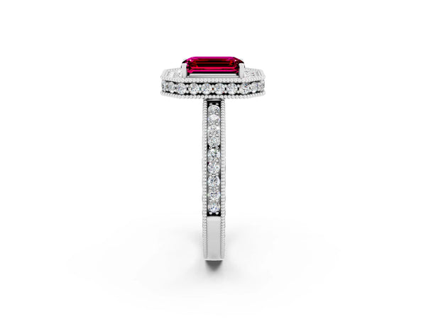 White gold Emerald Cut Halo Diamond Engagement Ring with Milgrain Pave Band and Four-Prong Setting