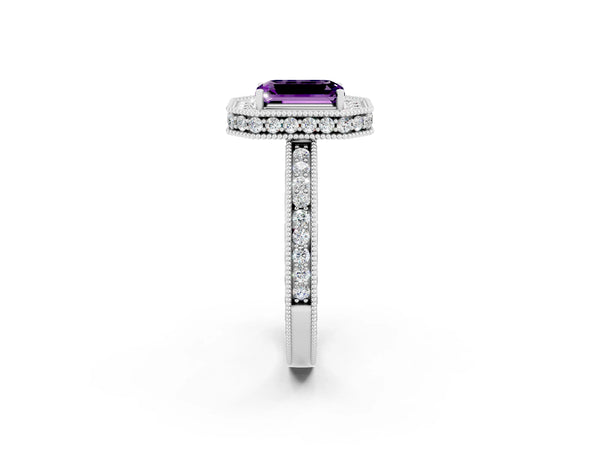 Silver Emerald Cut Amethyst Milgrain Halo Engagement Ring with Round Pavé Band and Prong Setting