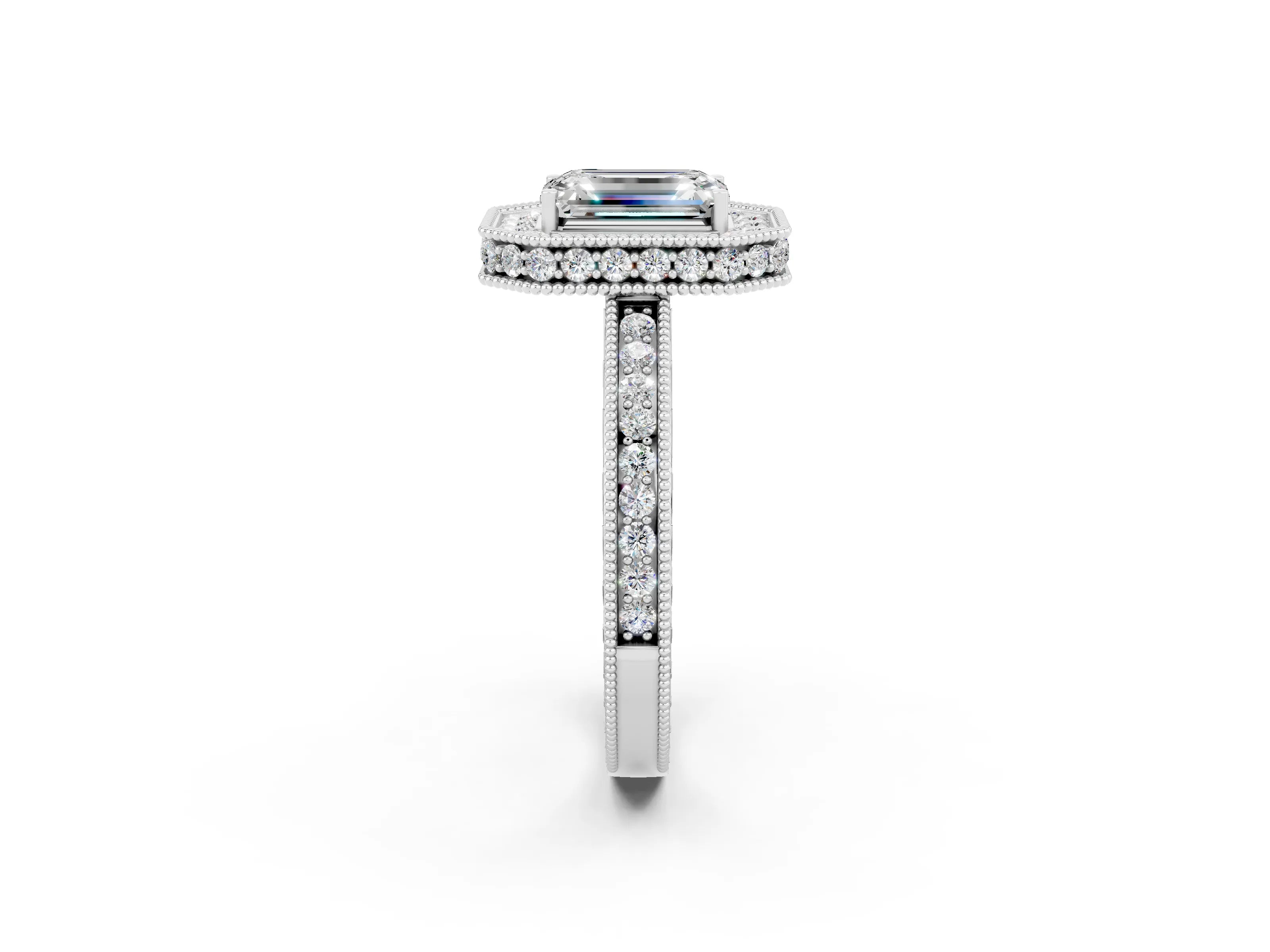 White gold Emerald Cut Halo Diamond Engagement Ring with Milgrain Pave Band and Four-Prong Setting_2