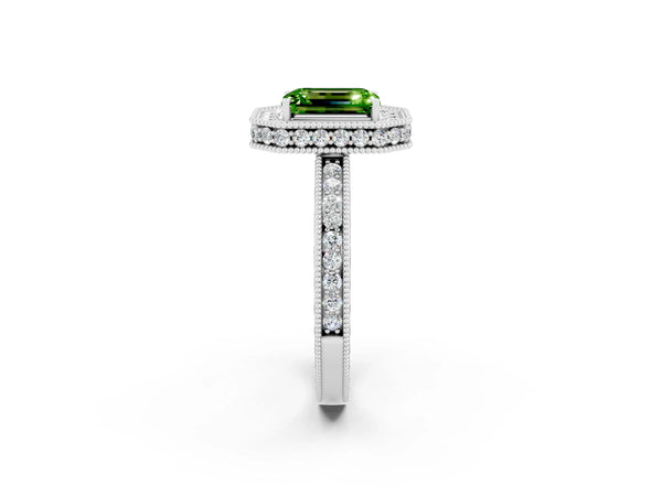 White gold Emerald Cut Halo Diamond Engagement Ring with Milgrain Pave Band and Four-Prong Setting