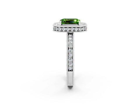 White gold Emerald Cut Halo Diamond Engagement Ring with Milgrain Pave Band and Four-Prong Setting_2
