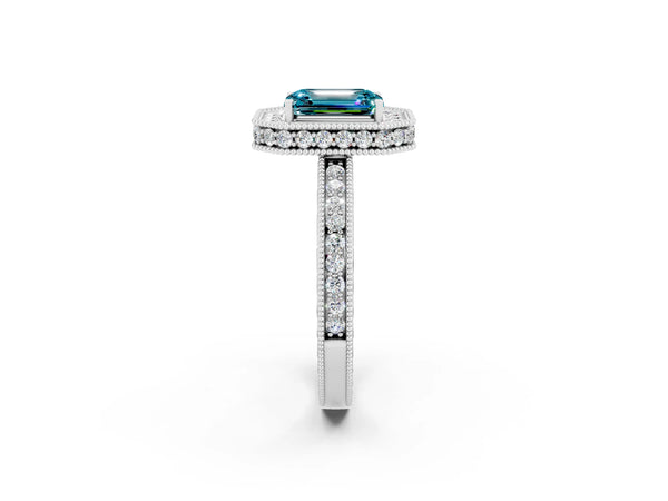 Platinum Emerald Cut Halo Diamond Engagement Ring with Milgrain Pave Band and Four-Prong Setting