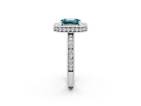 White gold Emerald Cut Halo Diamond Engagement Ring with Milgrain Pave Band and Four-Prong Setting_2