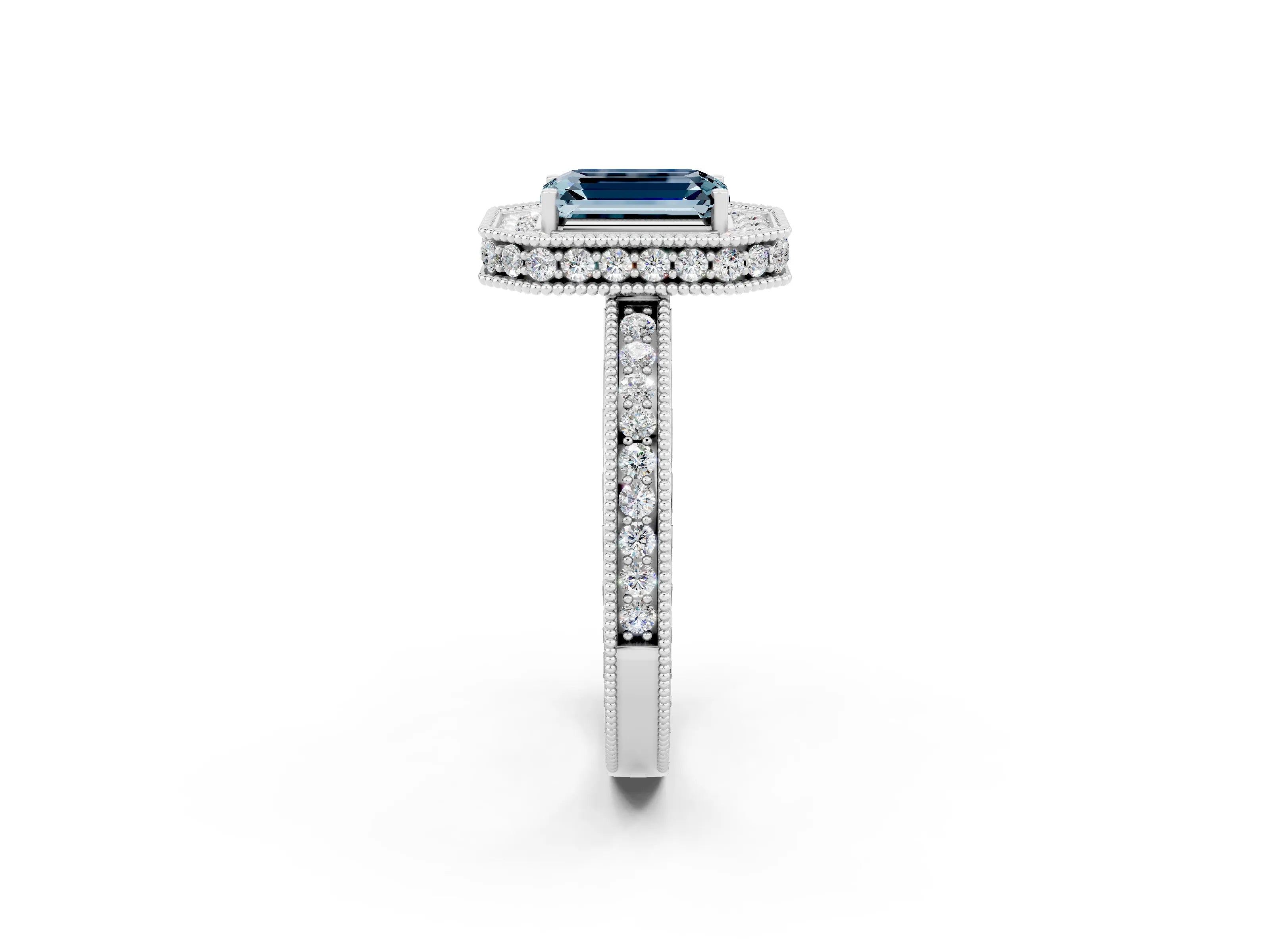 White gold Emerald Cut Halo Diamond Engagement Ring with Milgrain Pave Band and Four-Prong Setting_2