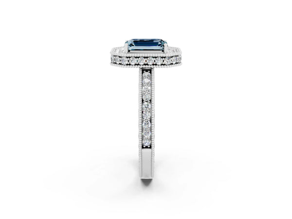 Silver Emerald Cut Halo Diamond Engagement Ring with Milgrain Pave Band and Four-Prong Setting