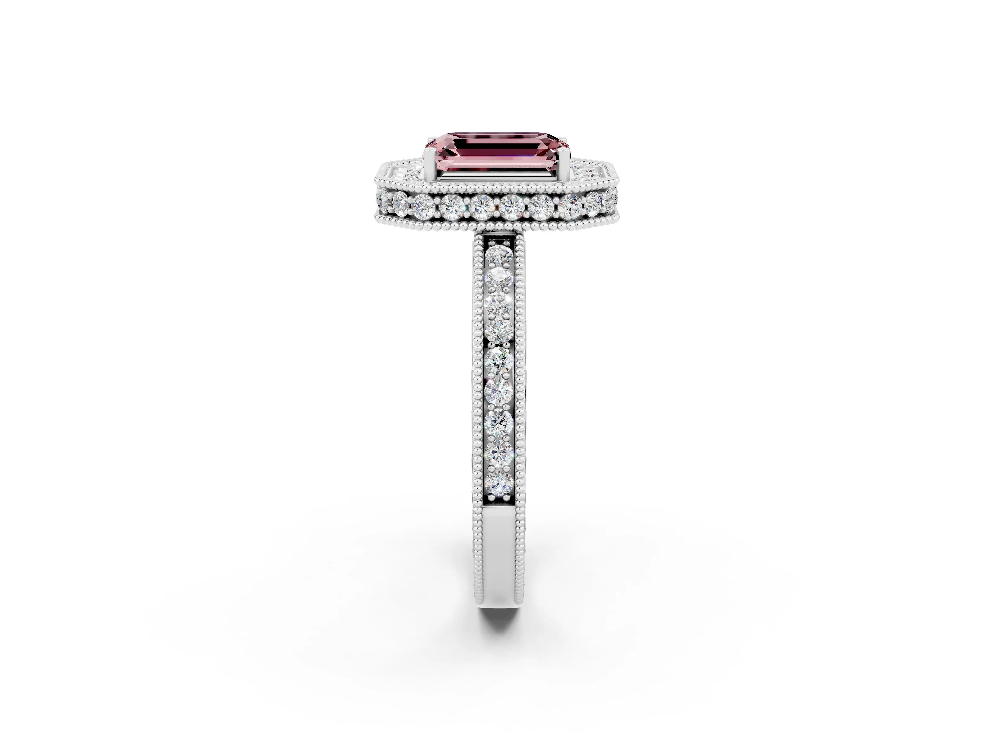 White gold Emerald Cut Halo Diamond Engagement Ring with Milgrain Pave Band and Four-Prong Setting_2