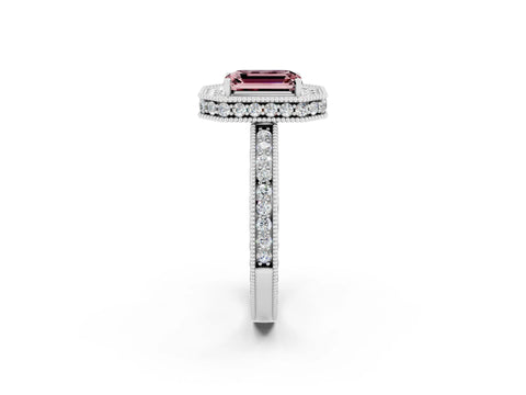 White gold Emerald Cut Halo Diamond Engagement Ring with Milgrain Pave Band and Four-Prong Setting_2