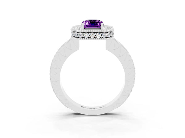 Silver Emerald Cut Amethyst Milgrain Halo Engagement Ring with Round Pavé Band and Prong Setting