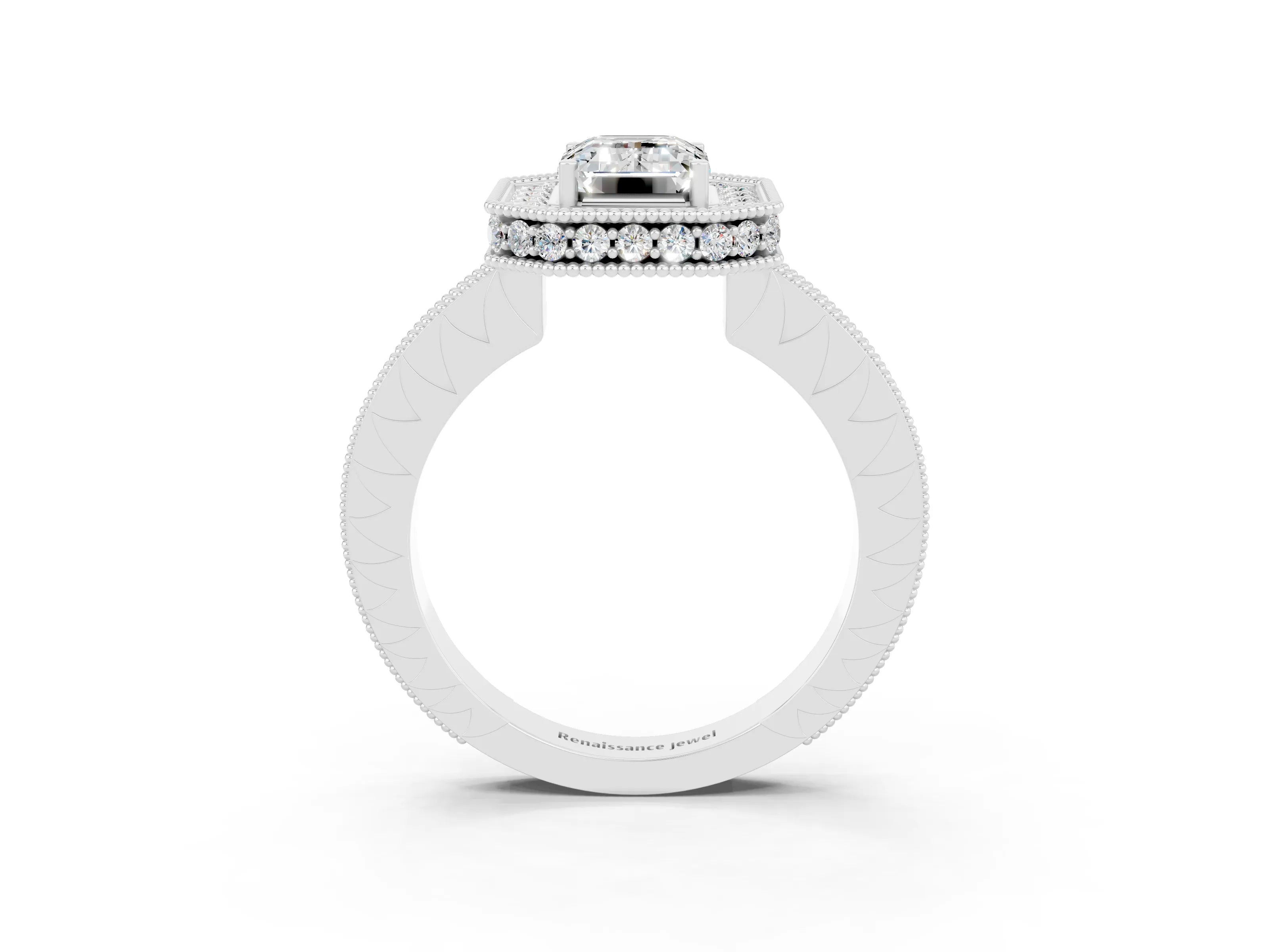 White gold Emerald Cut Halo Diamond Engagement Ring with Milgrain Pave Band and Four-Prong Setting_3