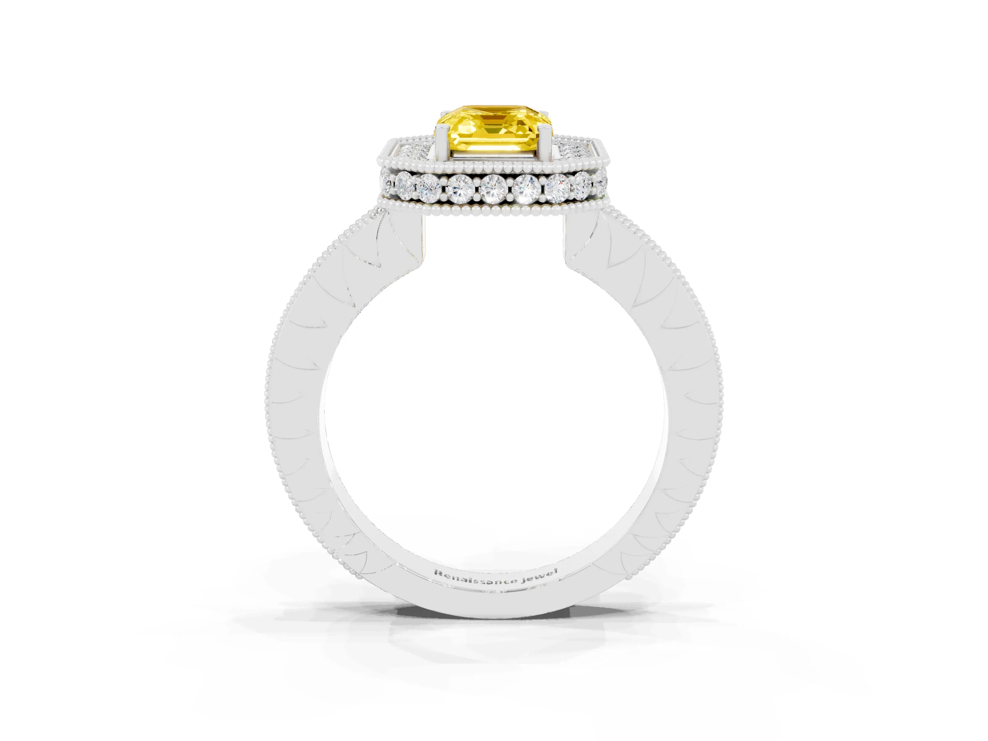White gold Emerald Cut Halo Diamond Engagement Ring with Milgrain Pave Band and Four-Prong Setting_3
