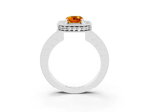 White gold Emerald Cut Halo Diamond Engagement Ring with Milgrain Pave Band and Four-Prong Setting_3