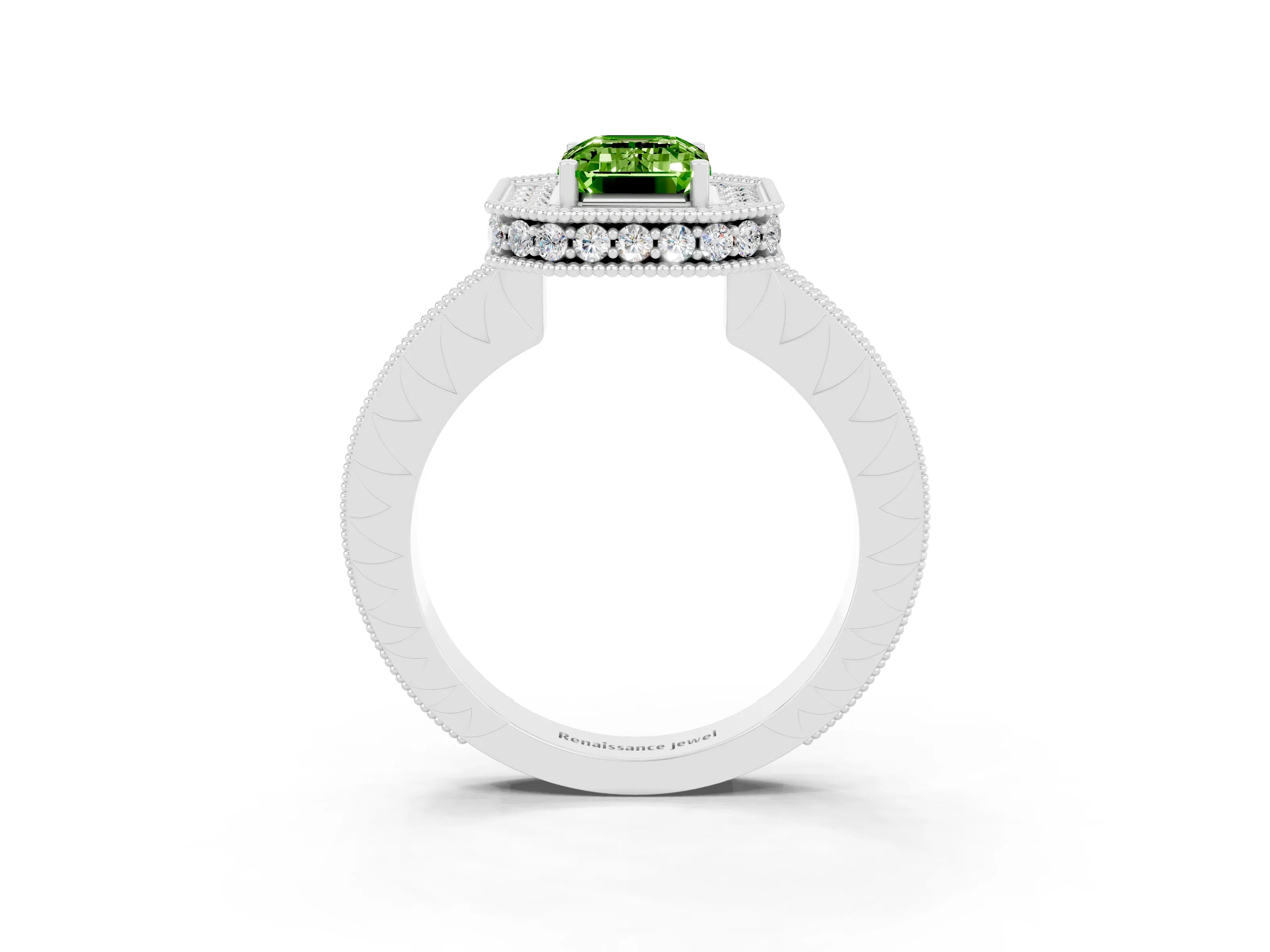 White gold Emerald Cut Halo Diamond Engagement Ring with Milgrain Pave Band and Four-Prong Setting_3