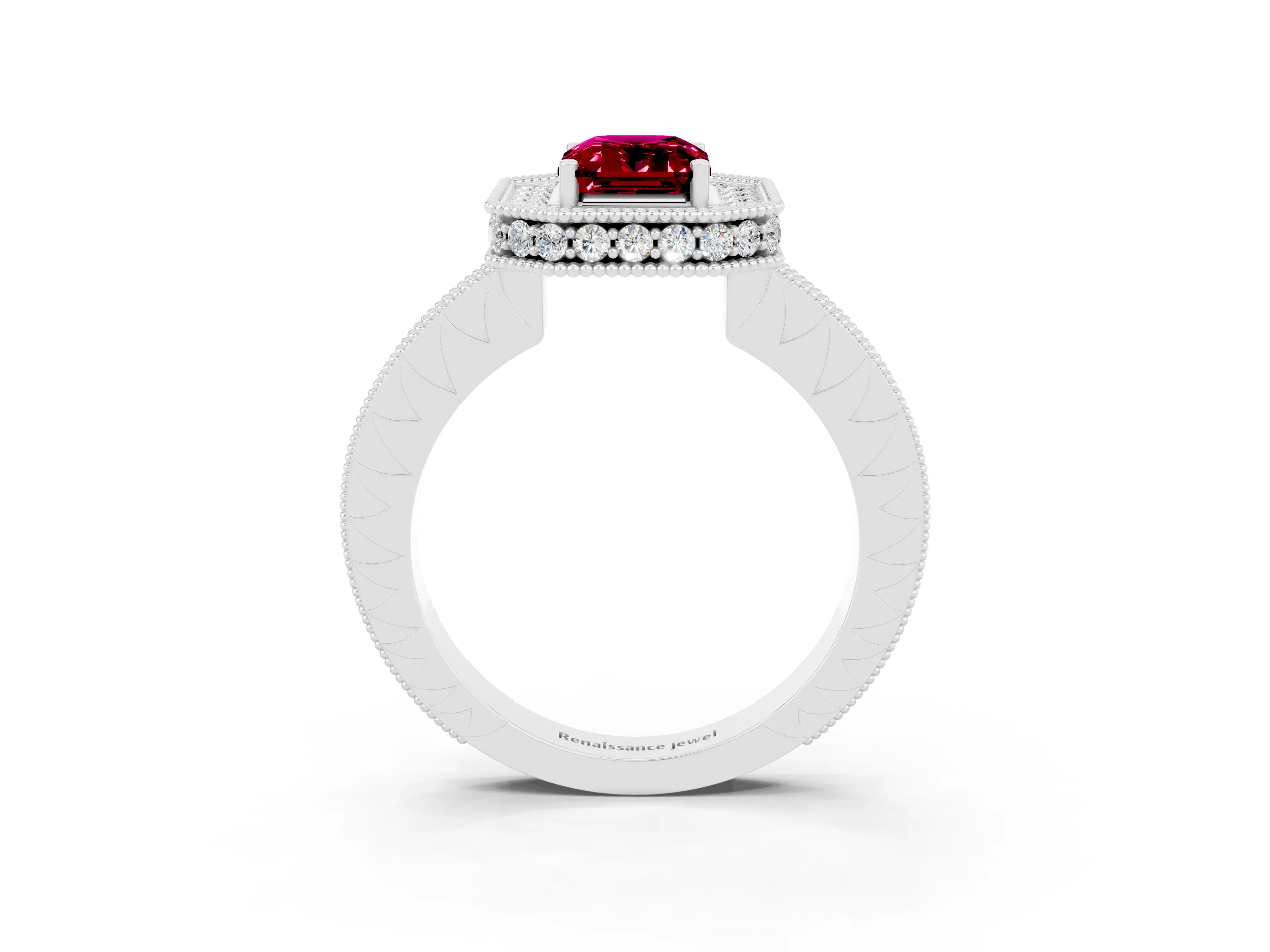 White gold Emerald Cut Halo Diamond Engagement Ring with Milgrain Pave Band and Four-Prong Setting_3