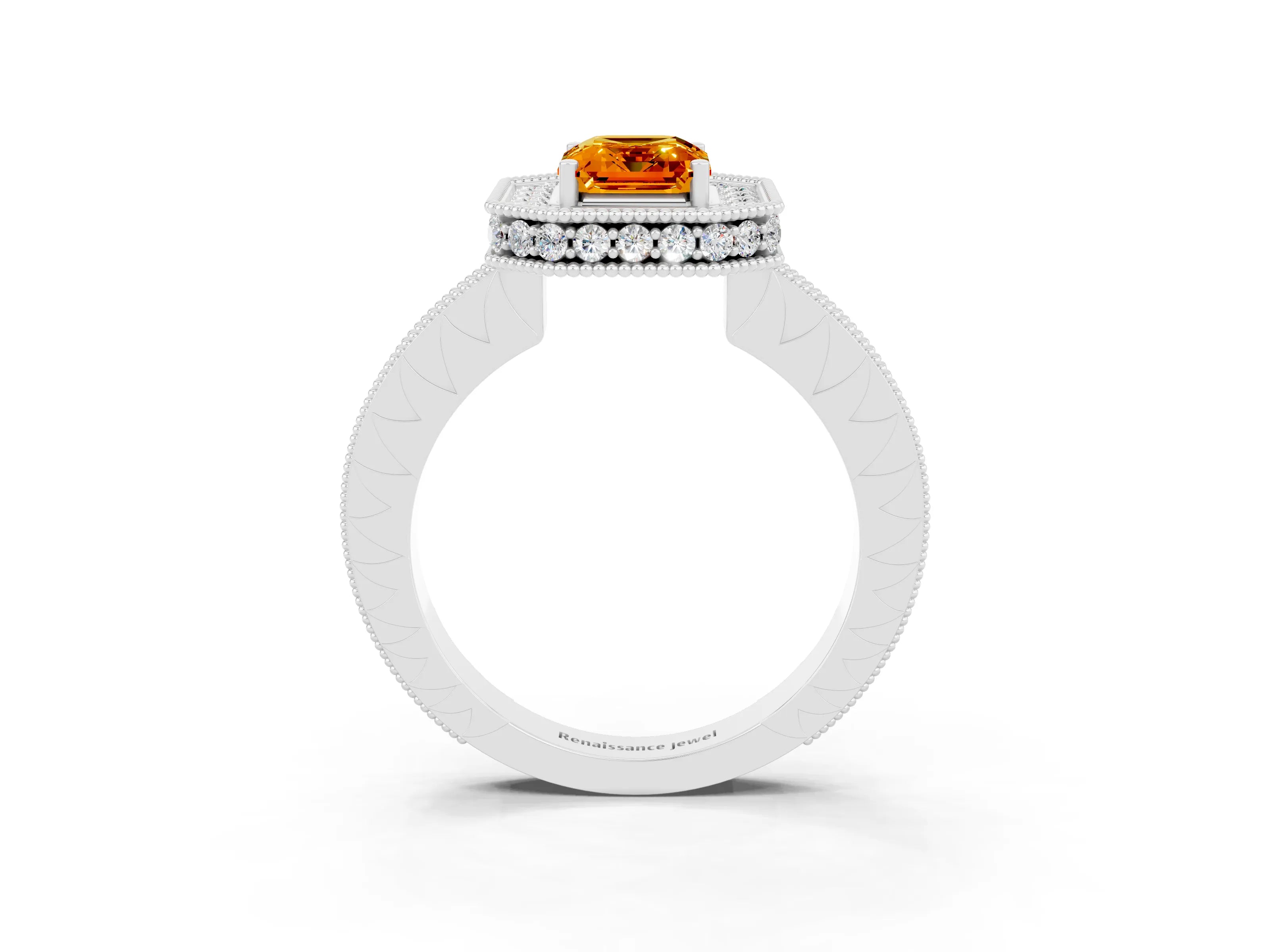 White gold Emerald Cut Halo Diamond Engagement Ring with Milgrain Pave Band and Four-Prong Setting_3