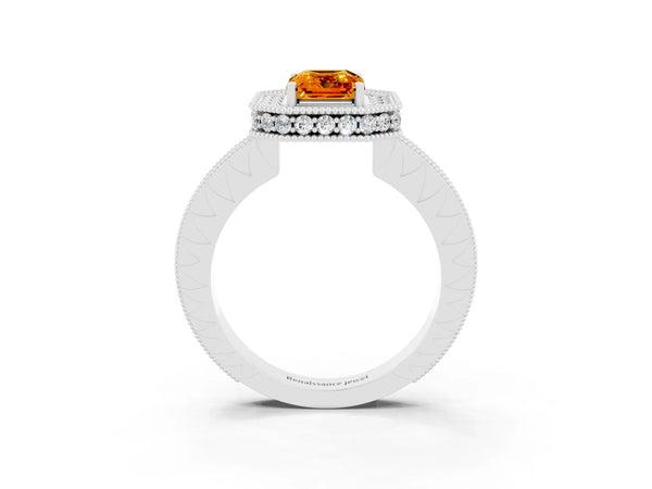 Platinum Emerald Cut Halo Diamond Engagement Ring with Milgrain Pave Band and Four-Prong Setting