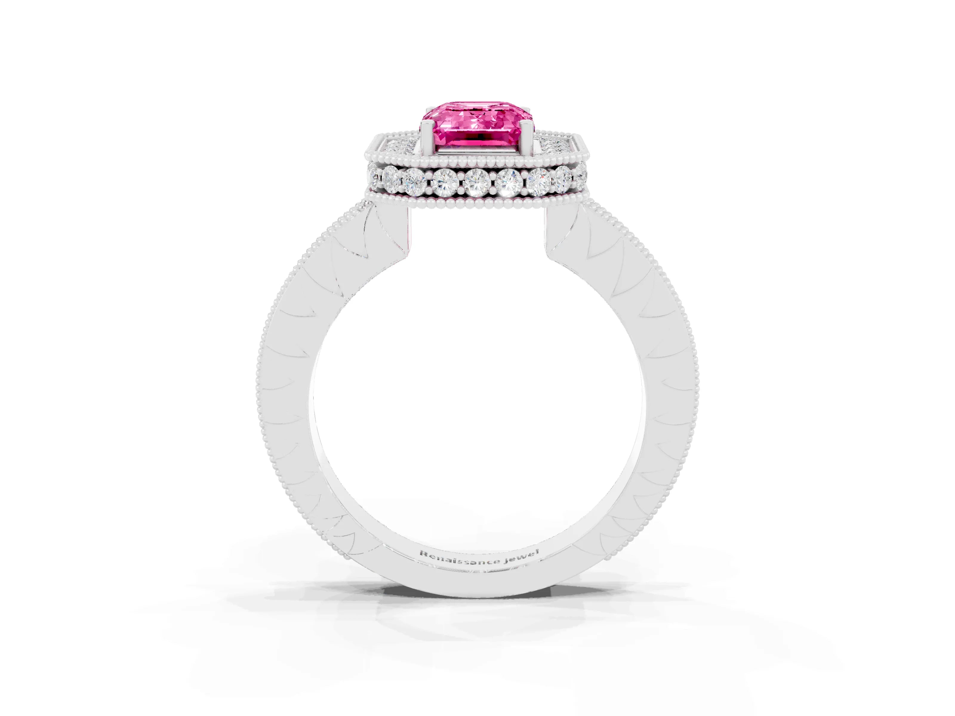 White gold Emerald Cut Halo Diamond Engagement Ring with Milgrain Pave Band and Four-Prong Setting_3