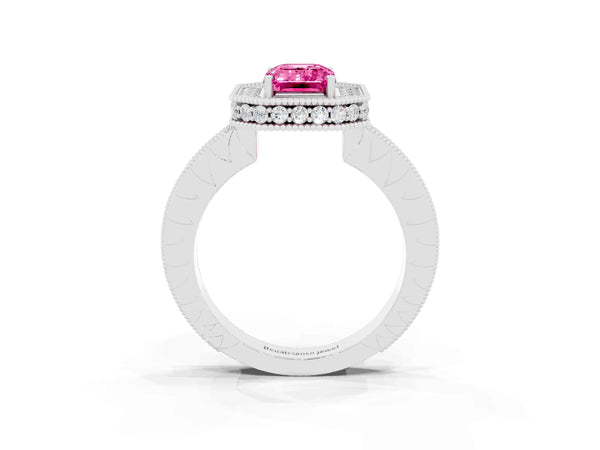 White gold Emerald Cut Halo Diamond Engagement Ring with Milgrain Pave Band and Four-Prong Setting