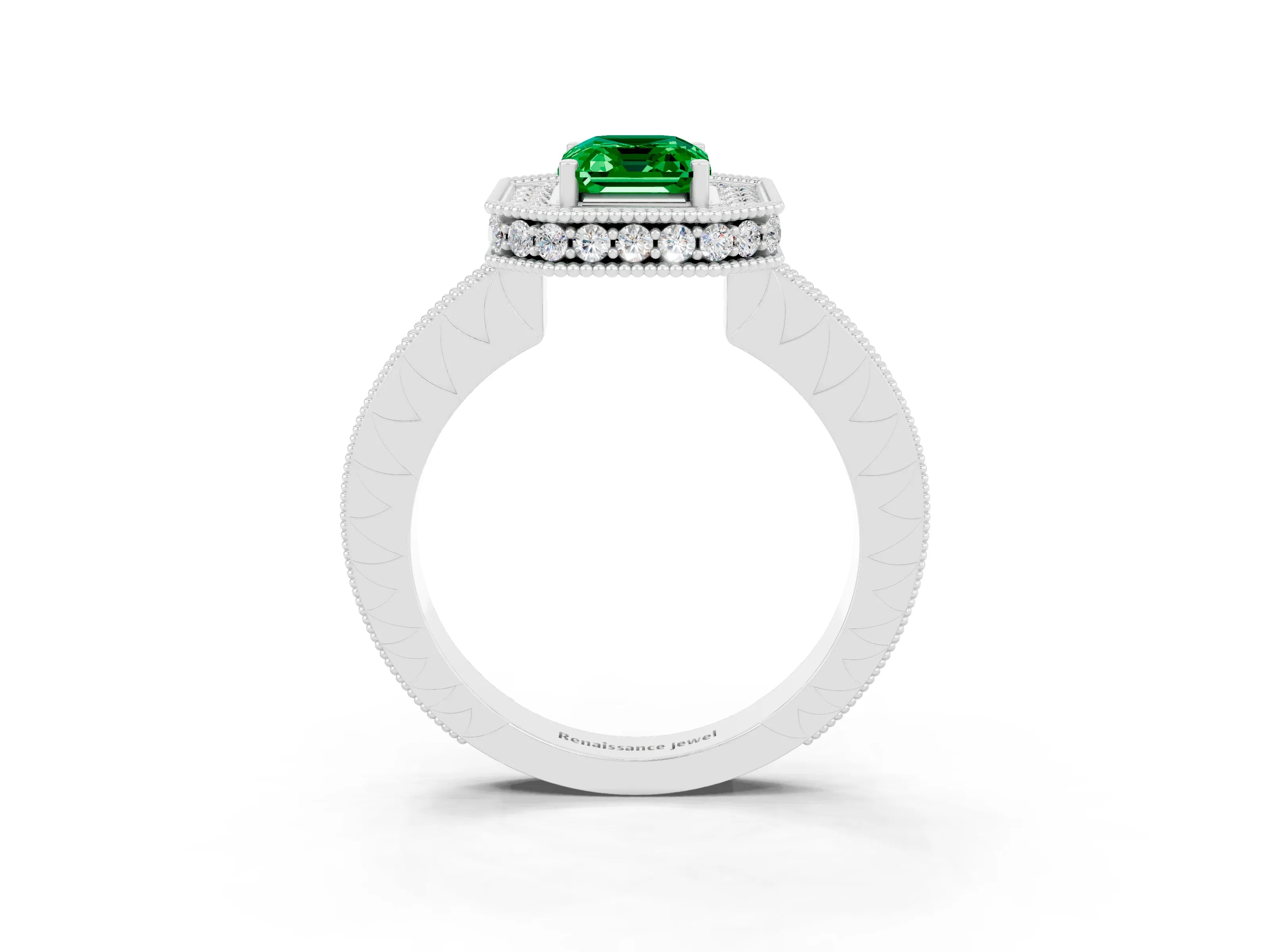 White gold Emerald Cut Halo Diamond Engagement Ring with Milgrain Pave Band and Four-Prong Setting_3