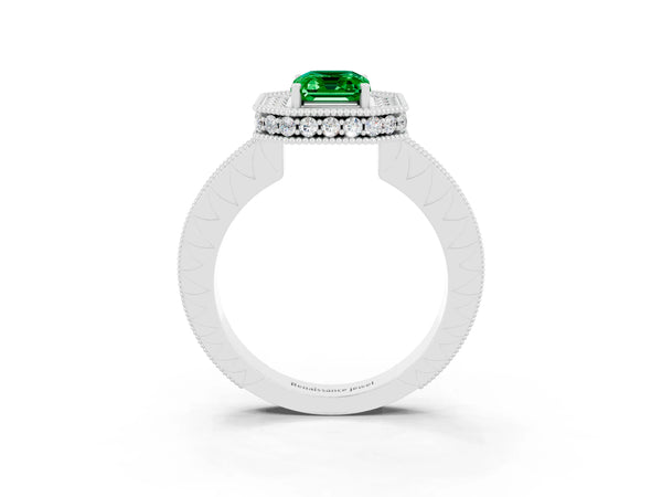 Silver Emerald Cut Halo Diamond Engagement Ring with Milgrain Pave Band and Four-Prong Setting