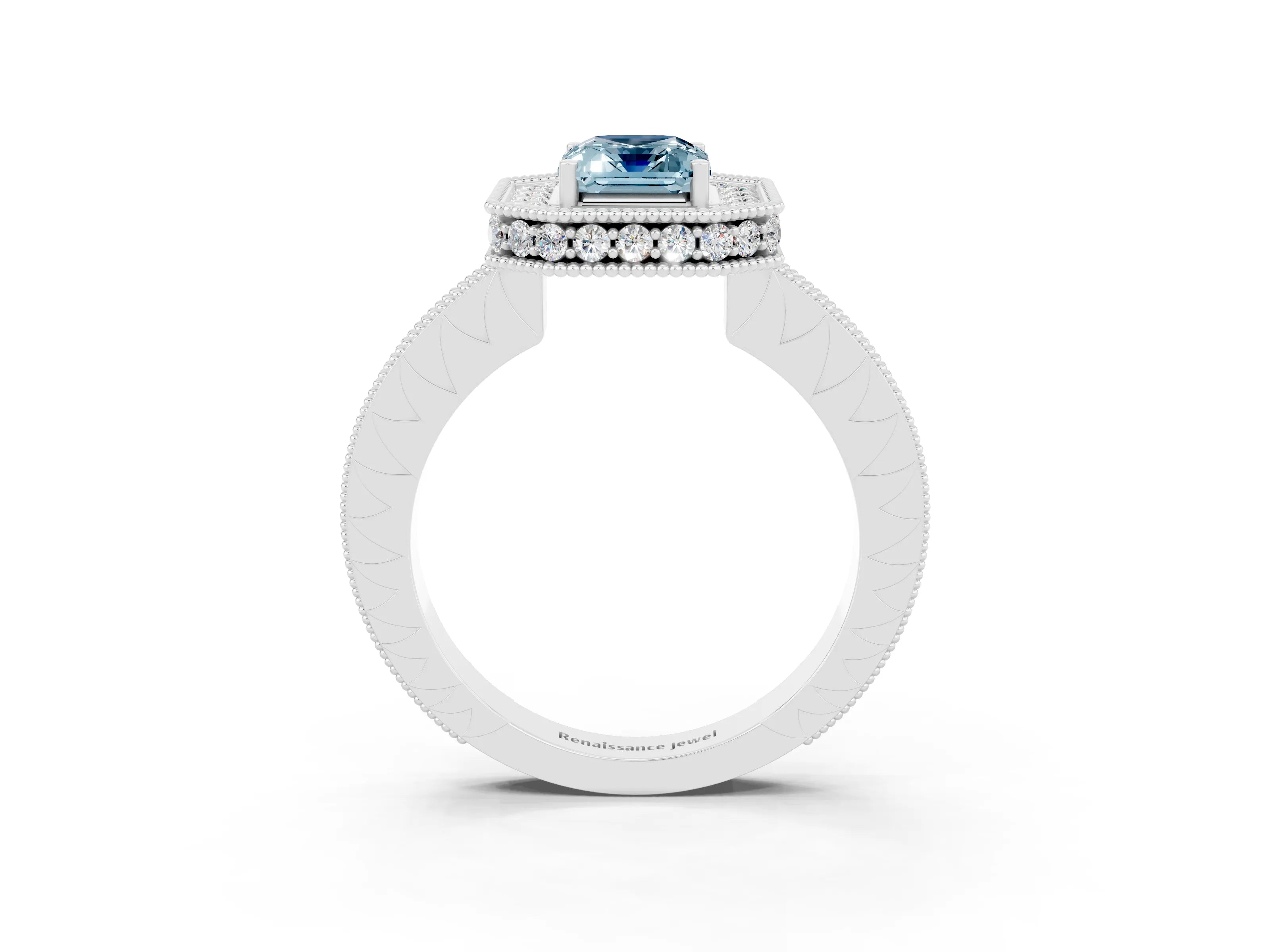 White gold Emerald Cut Halo Diamond Engagement Ring with Milgrain Pave Band and Four-Prong Setting_3
