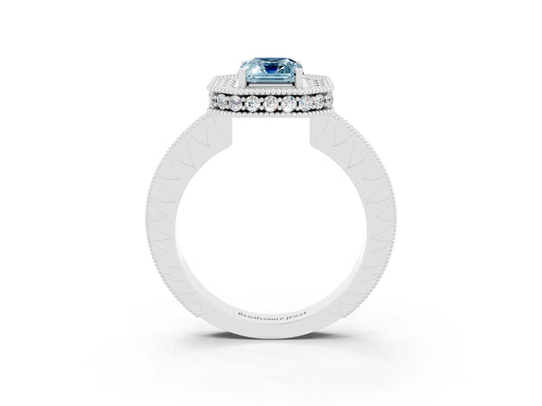 White gold Emerald Cut Halo Diamond Engagement Ring with Milgrain Pave Band and Four-Prong Setting
