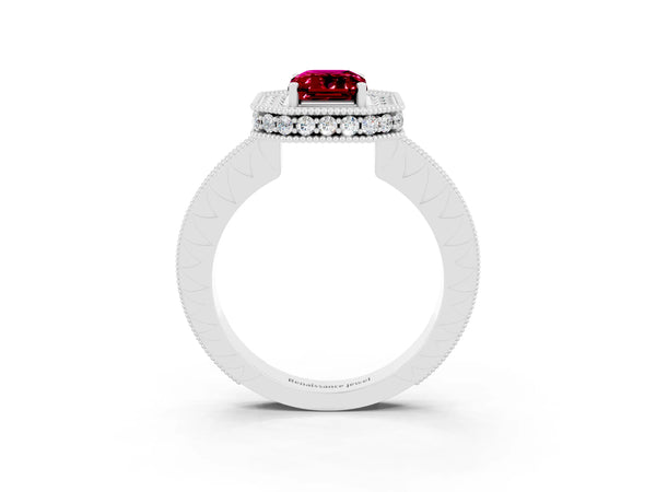 White gold Emerald Cut Halo Diamond Engagement Ring with Milgrain Pave Band and Four-Prong Setting